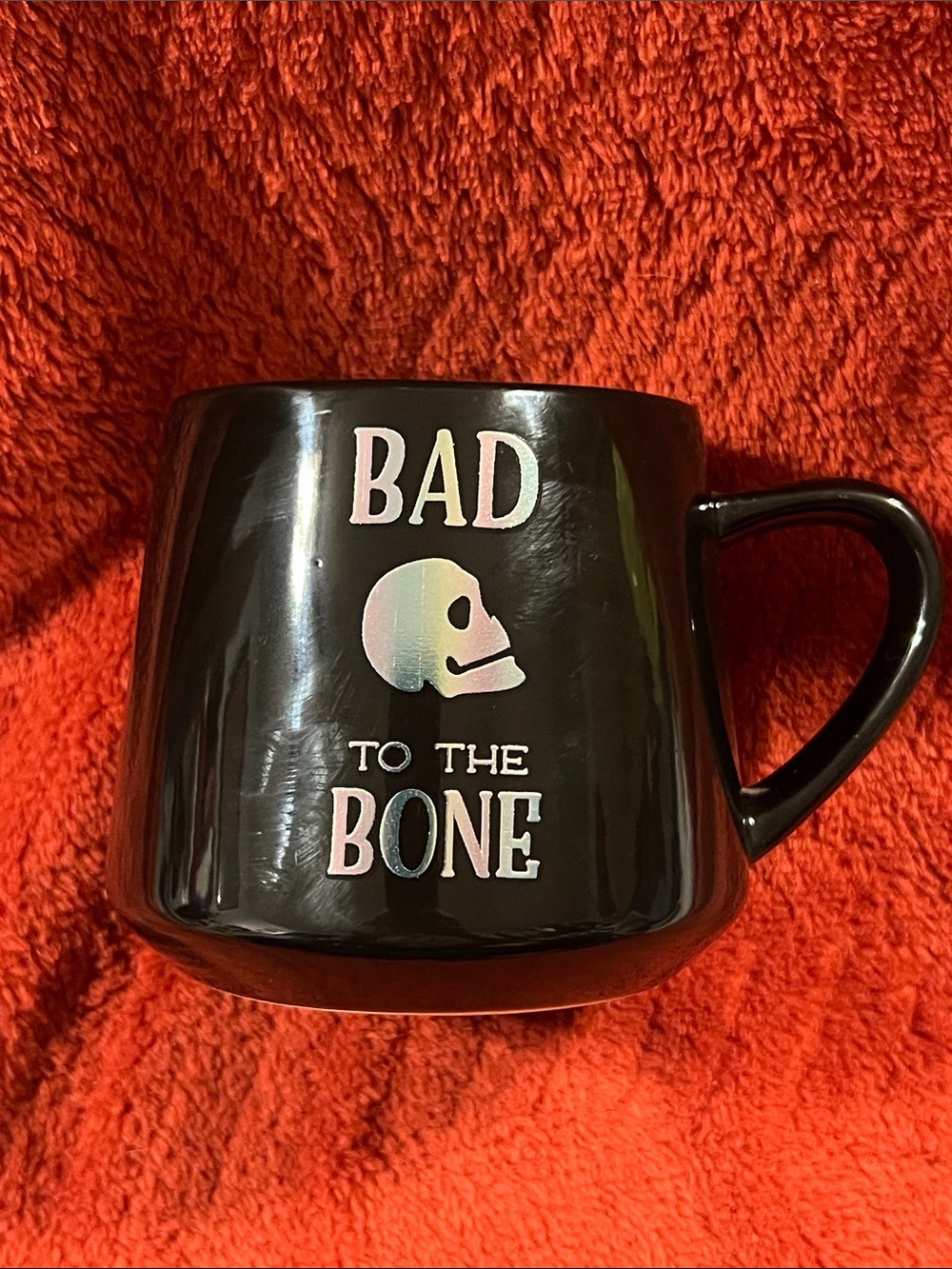 Bad to the Bone Black Ceramic Mug with Iridescent Skull Accent